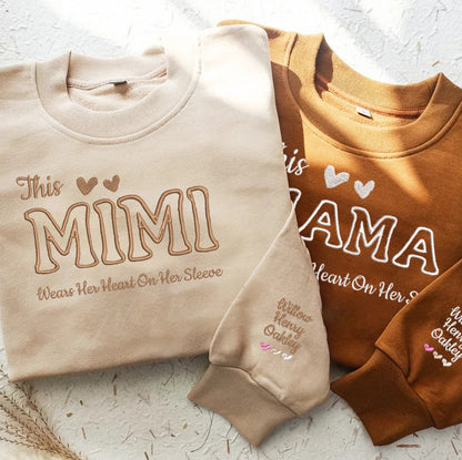 Personalized Embroidered This Mama Wears Her Hearts On The Sleeve Hoodie Sweatshirt T-Shirt