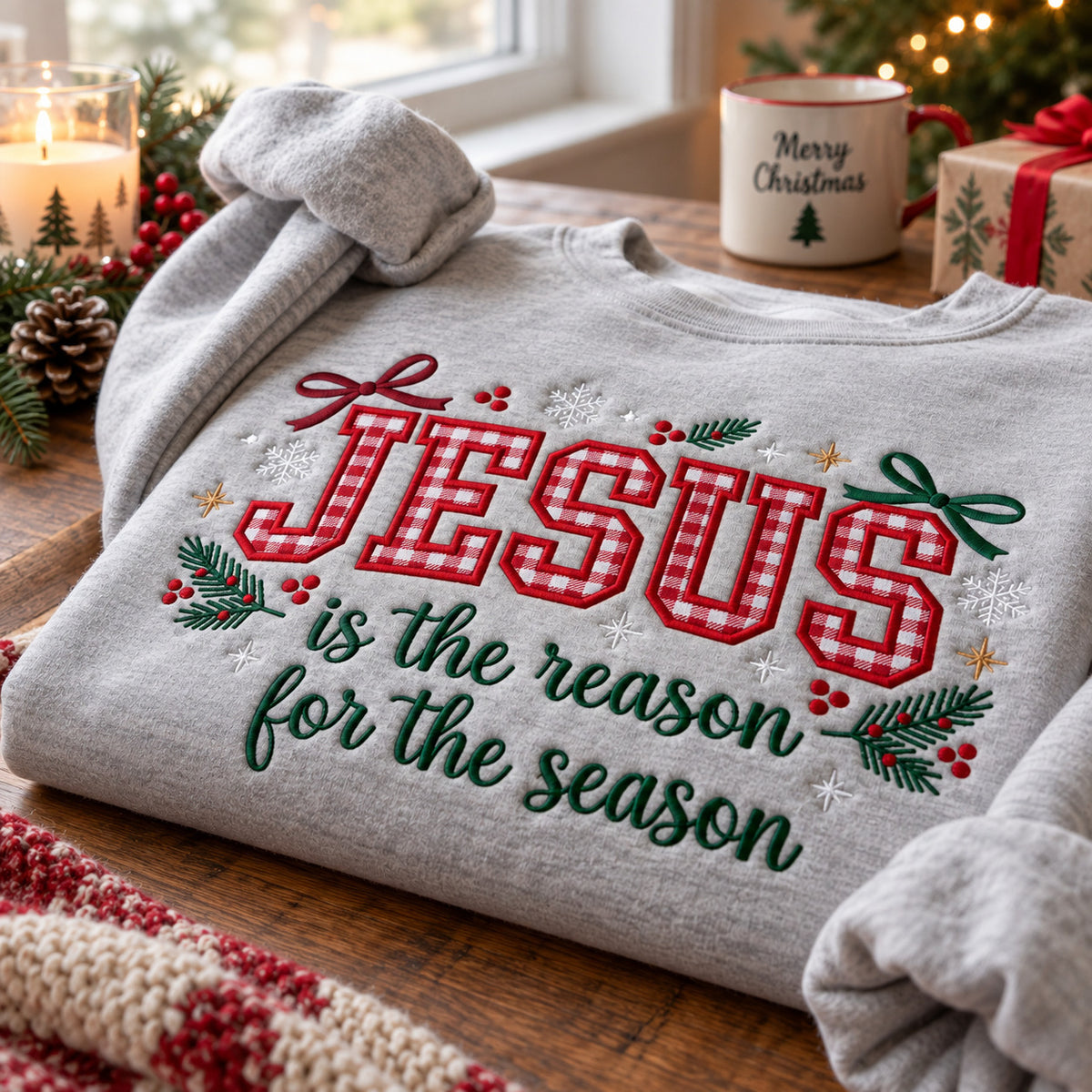 Jesus Is the Reason for the Season Embroidered Sweatshirt, Christian Christmas Gingham Pullover - DL05061026