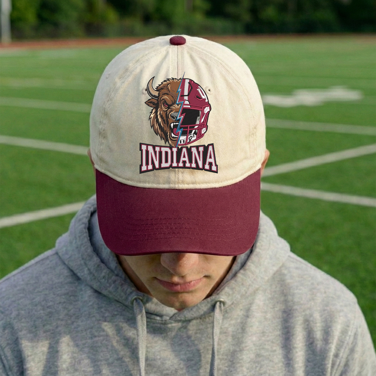 Embroidered Indiana Hoosiers Mascot And Helmet Vintage Style Trucker Hat, Dyed Cap