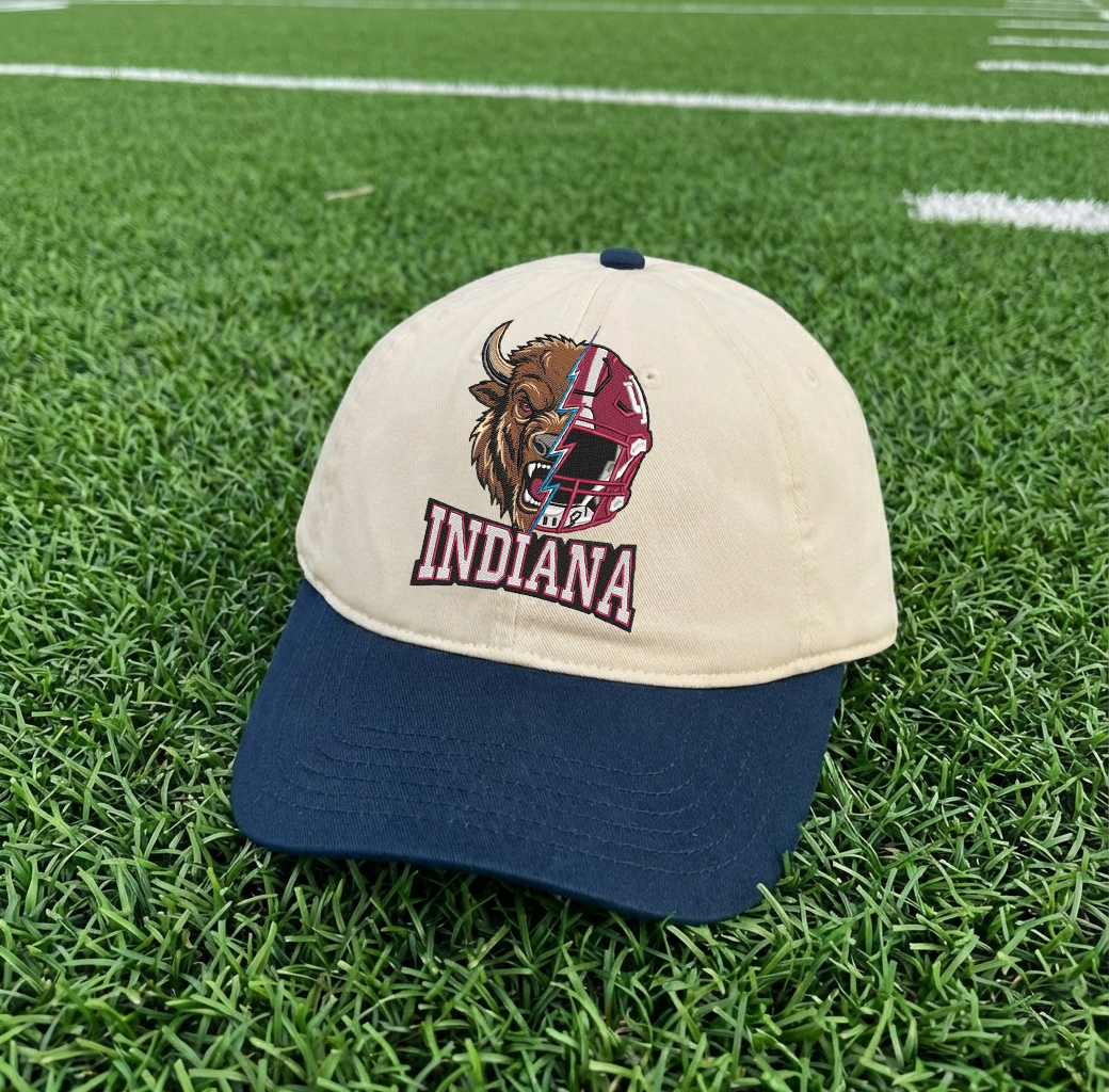 Embroidered Indiana Hoosiers Mascot And Helmet Vintage Style Trucker Hat, Dyed Cap