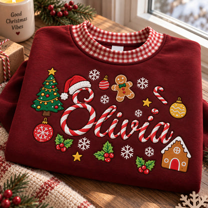 Personalized Christmas Sweatshirt, Custom Embroidered Name, Candy Cane Letters, Gingerbread and Christmas Tree Pullover - DL05041026