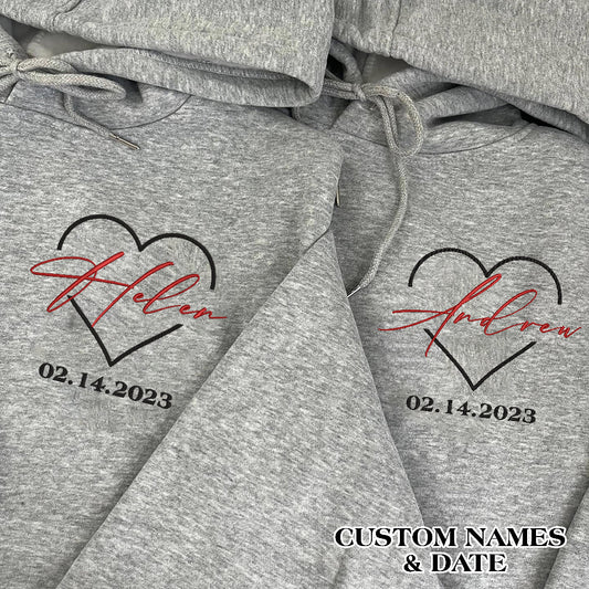 Valentine Embroidered Custom Names & Date Couple Hoodie Sweatshirt T-shirt