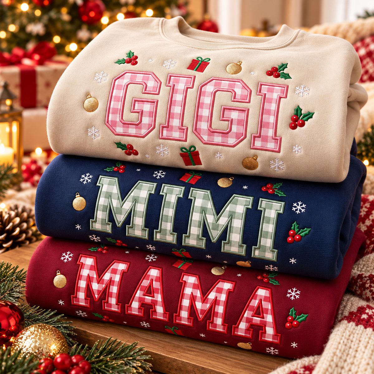 Embroidered Gigi Mimi Mama Christmas Sweatshirt, Gingham Holiday Pullover, Gift for Mom or Grandma - DL06161026