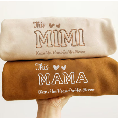 Personalized Embroidered This Mama Wears Her Hearts On The Sleeve Hoodie Sweatshirt T-Shirt