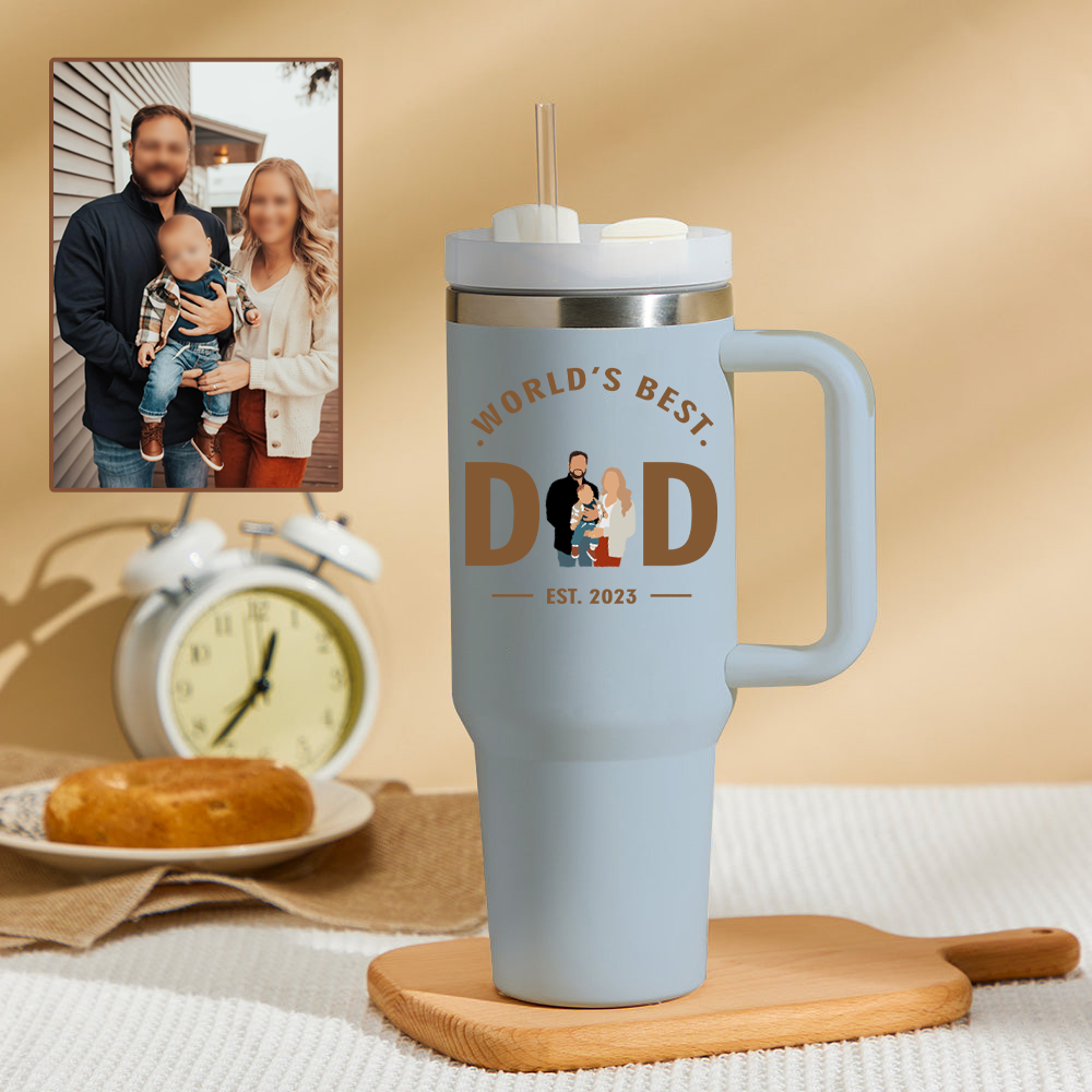 Father's Day World's Best Dad Personalized Text 40oz Insulated Mug with Handle and Straw Stainless Steel Custom Travel Cup Gift for Family Friends Couples