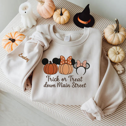 Halloween Personalized Embroidered Trick Or Treat Down Main Street Hoodie Sweatshirt T-Shirt