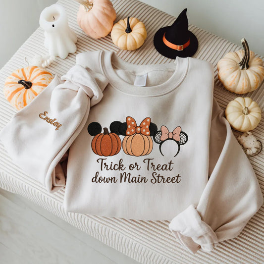 Halloween Personalized Embroidered Trick Or Treat Down Main Street Hoodie Sweatshirt T-Shirt