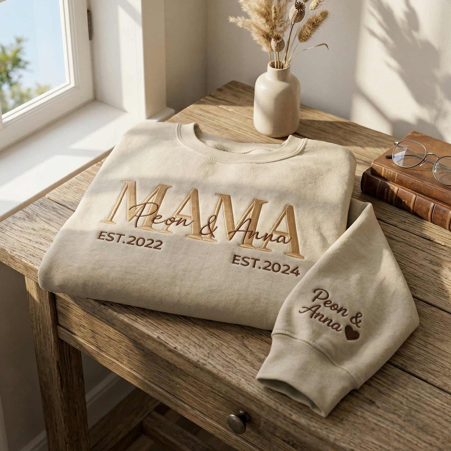 Embroidered Mother's Day Custom Text & With Kid's Names On Sleeve Hoodie Sweatshirt T-Shirt