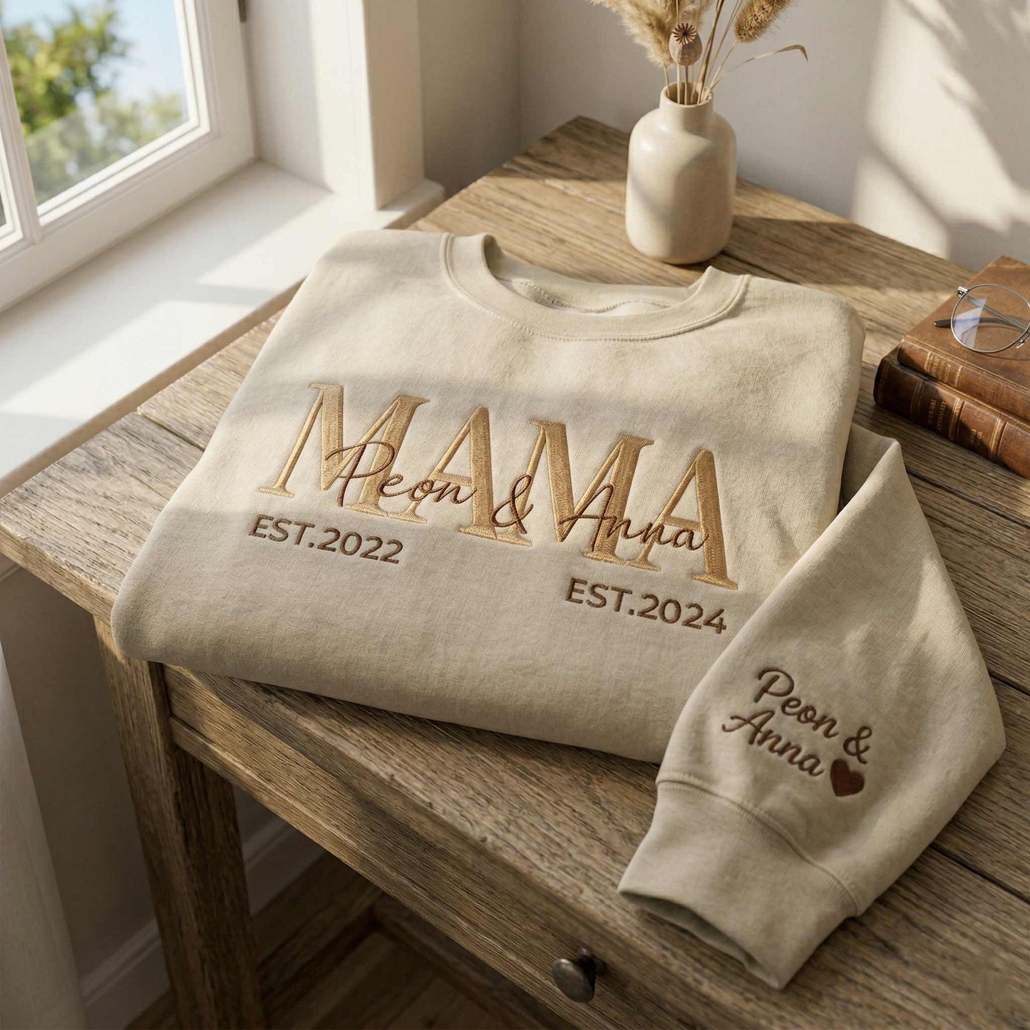 Embroidered Mother's Day Custom Text & With Kid's Names On Sleeve Hoodie Sweatshirt T-Shirt