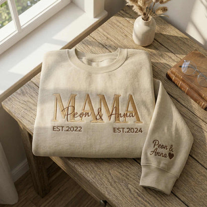 Embroidered Mother's Day Custom Text & With Kid's Names On Sleeve Hoodie Sweatshirt T-Shirt