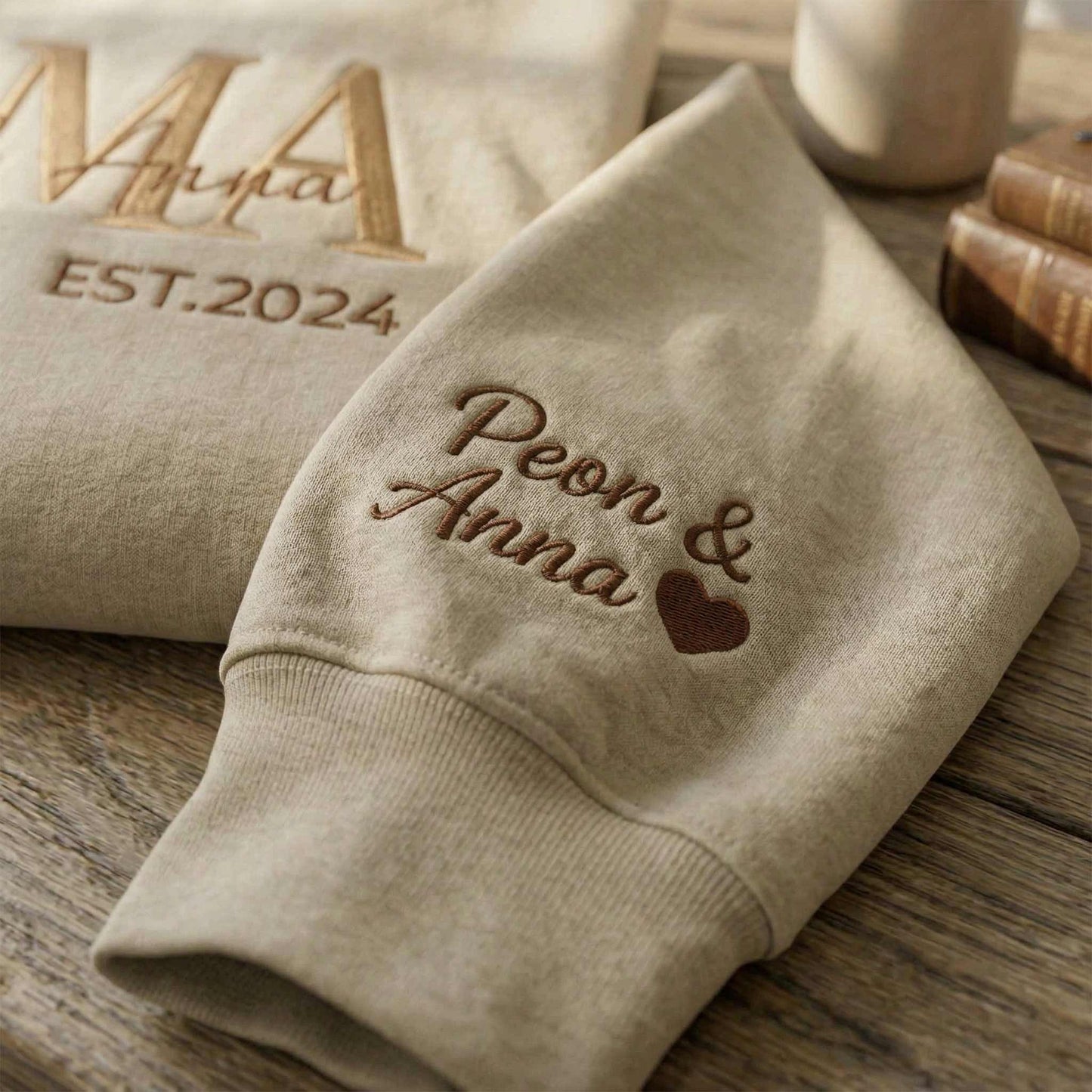 Embroidered Mother's Day Custom Text & With Kid's Names On Sleeve Hoodie Sweatshirt T-Shirt