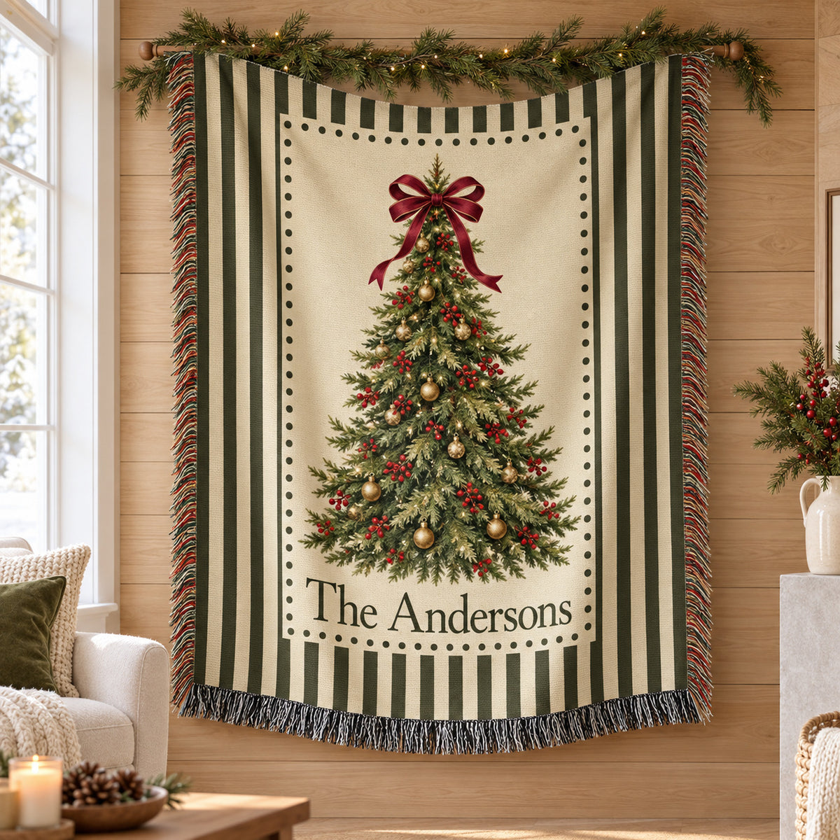 Personalized Christmas Woven Blanket, Custom Family Name Throw with Vintage Tree and Plaid Border