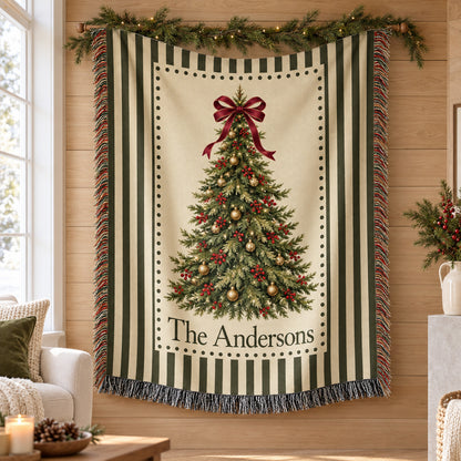 Personalized Christmas Woven Blanket, Custom Family Name Throw with Vintage Tree and Plaid Border