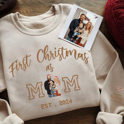 Christmas Personalized First Christmas As Mom Embroidered Family Photo Hoodie Sweatshirt T-Shirt