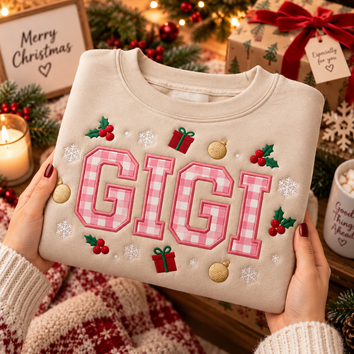 Embroidered Gigi Mimi Mama Christmas Sweatshirt, Gingham Holiday Pullover, Gift for Mom or Grandma - DL06161026
