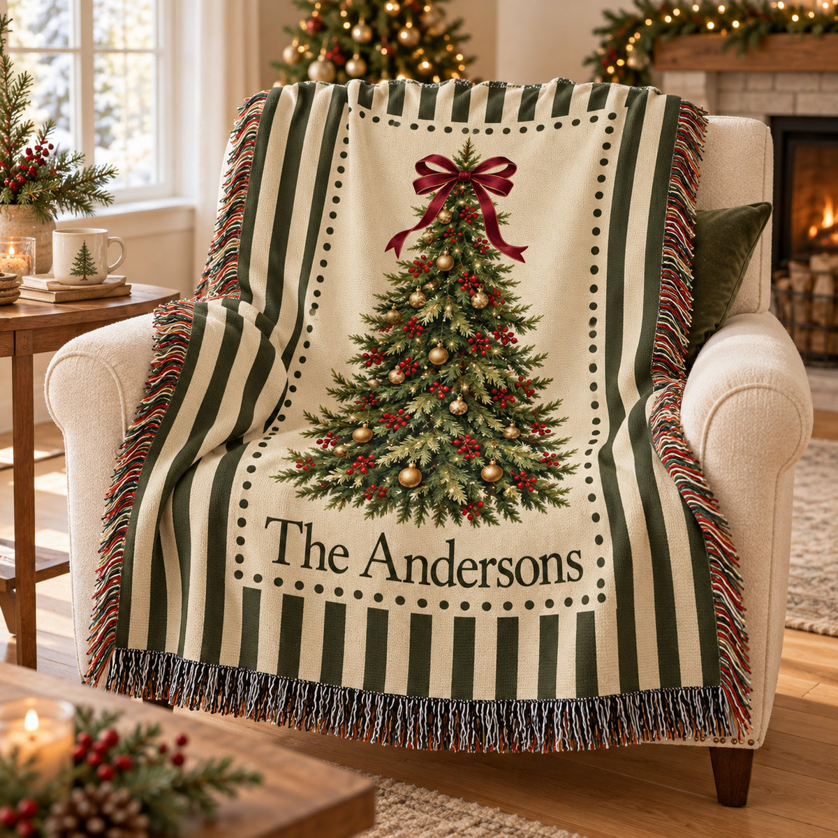 Personalized Christmas Woven Blanket, Custom Family Name Throw with Vintage Tree and Plaid Border