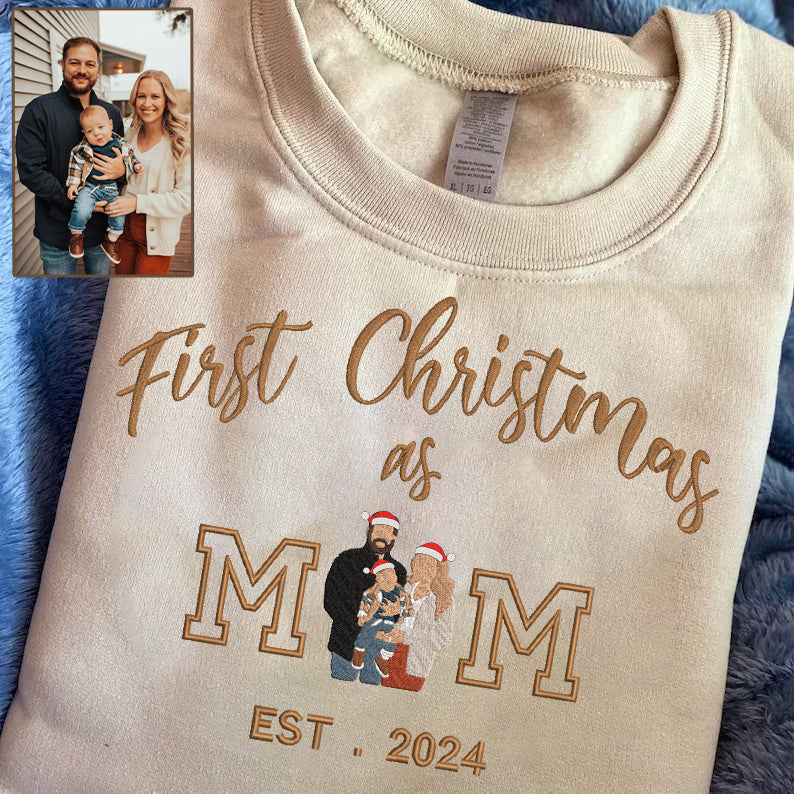 Christmas Personalized First Christmas As Mom Embroidered Family Photo Hoodie Sweatshirt T-Shirt