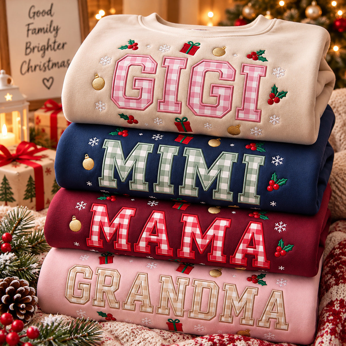 Embroidered Gigi Mimi Mama Christmas Sweatshirt, Gingham Holiday Pullover, Gift for Mom or Grandma - DL06161026