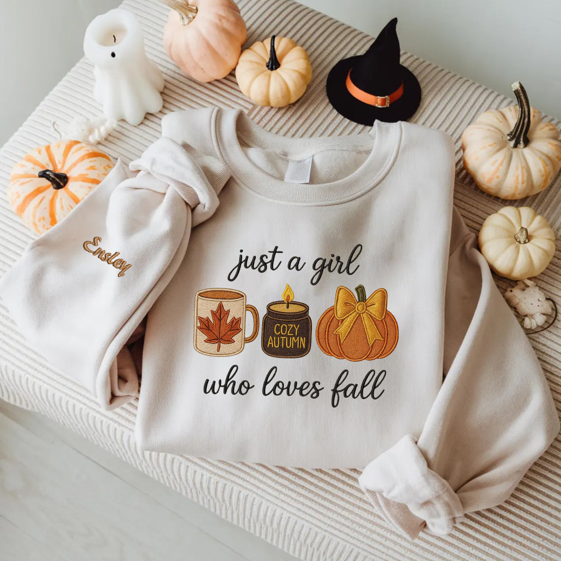 Halloween Personalized Embroidered Just A Girl Who Loves Fall Hoodie Sweatshirt T-Shirt