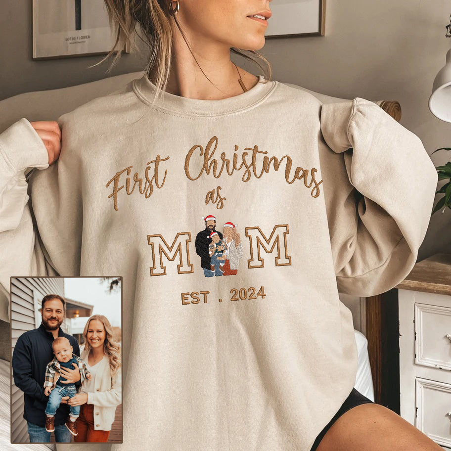 Christmas Personalized First Christmas As Mom Embroidered Family Photo Hoodie Sweatshirt T-Shirt