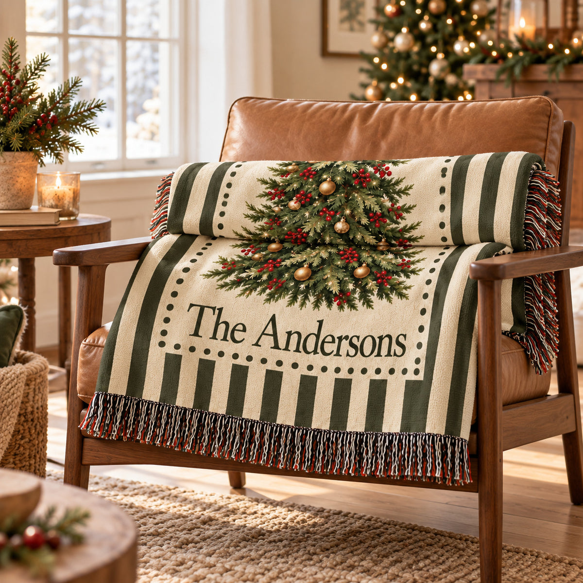 Personalized Christmas Woven Blanket, Custom Family Name Throw with Vintage Tree and Plaid Border