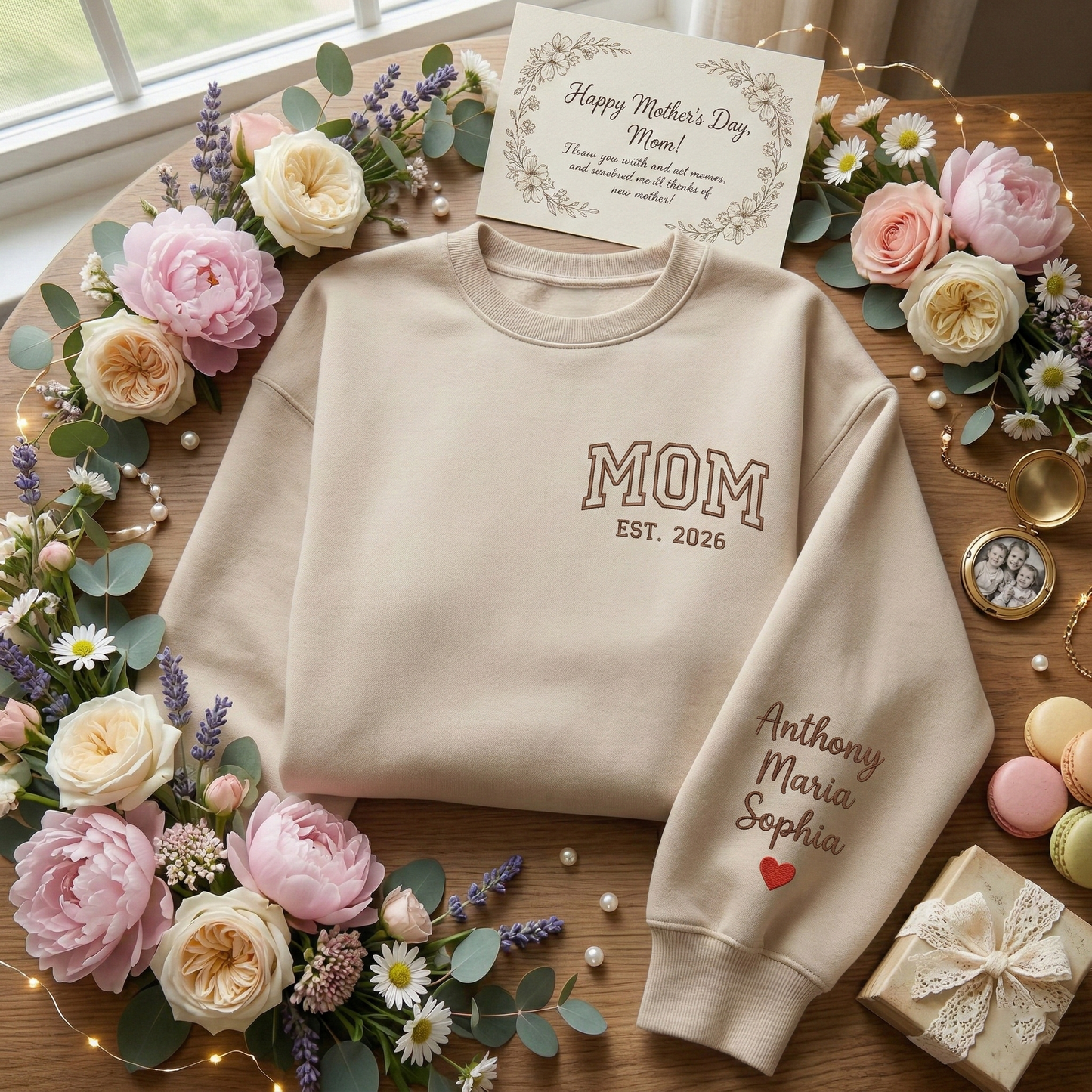 Embroidered Mother's Day Est With Kid's Names On Sleeve Quarter-Zip Sweatshirt, Hoodie Sweatshirt T-Shirt