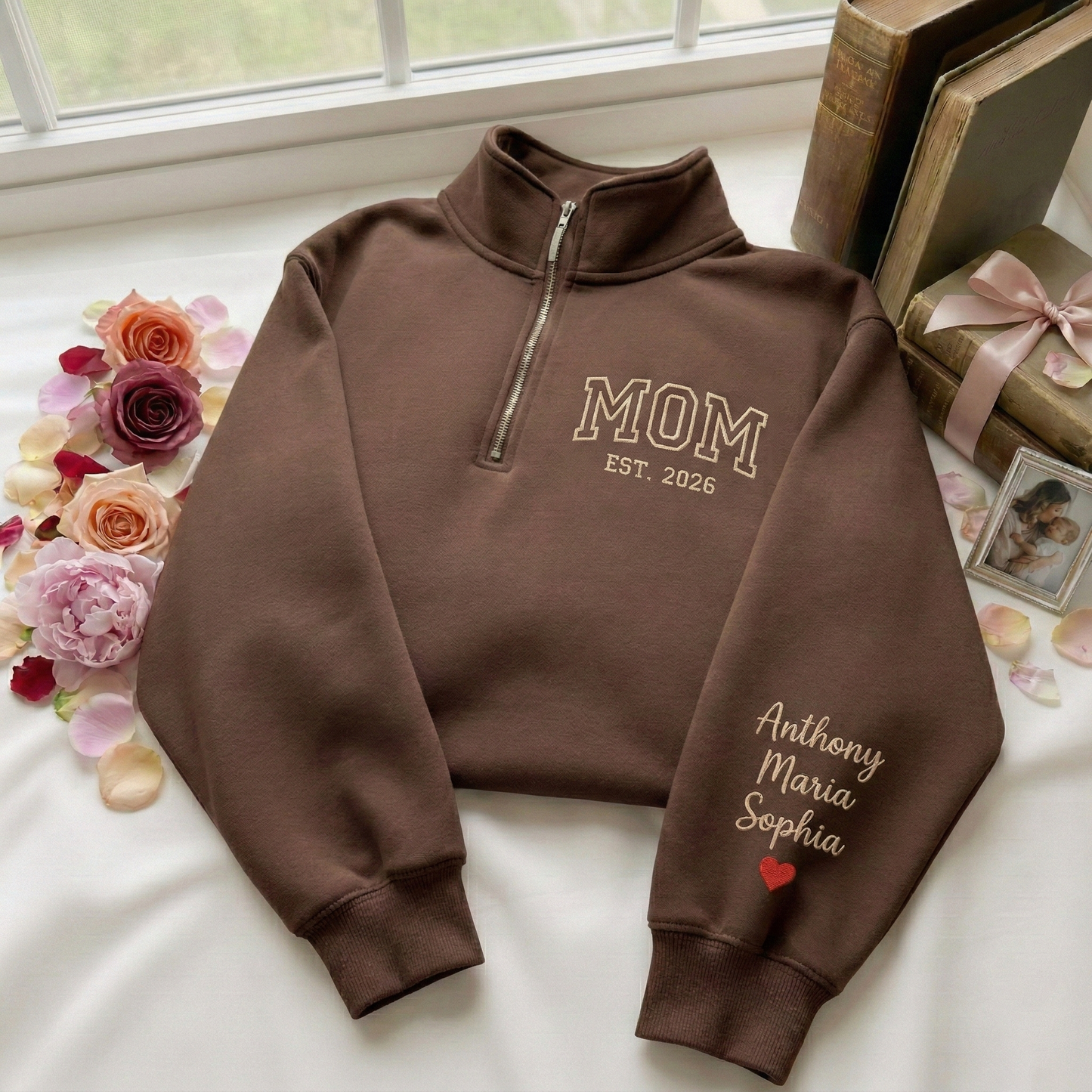 Embroidered Mother's Day Est With Kid's Names On Sleeve Quarter-Zip Sweatshirt, Hoodie Sweatshirt T-Shirt