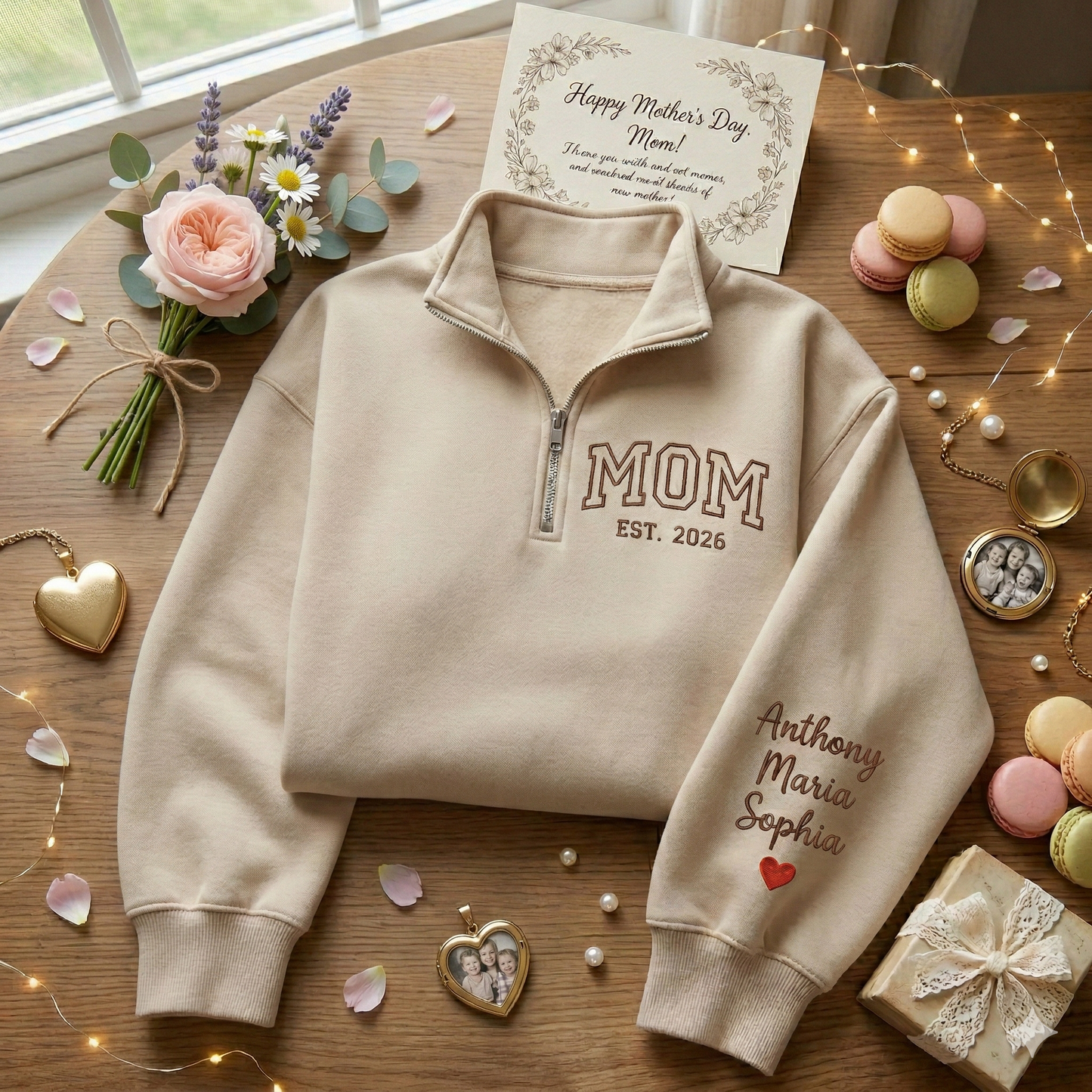 Embroidered Mother's Day Est With Kid's Names On Sleeve Quarter-Zip Sweatshirt, Hoodie Sweatshirt T-Shirt