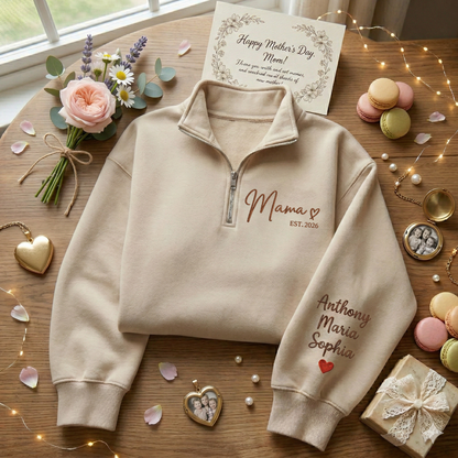 Embroidered Mother's Day Est With Kid's Names On Sleeve Quarter-Zip Sweatshirt, Hoodie Sweatshirt T-Shirt