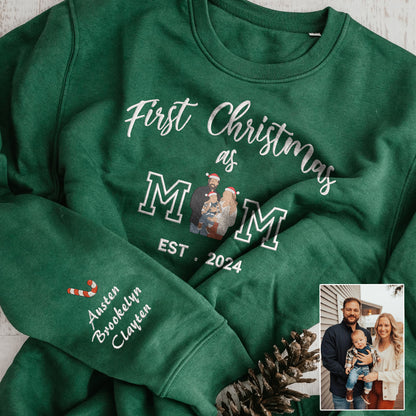 Christmas Personalized First Christmas As Mom Embroidered Family Photo Hoodie Sweatshirt T-Shirt