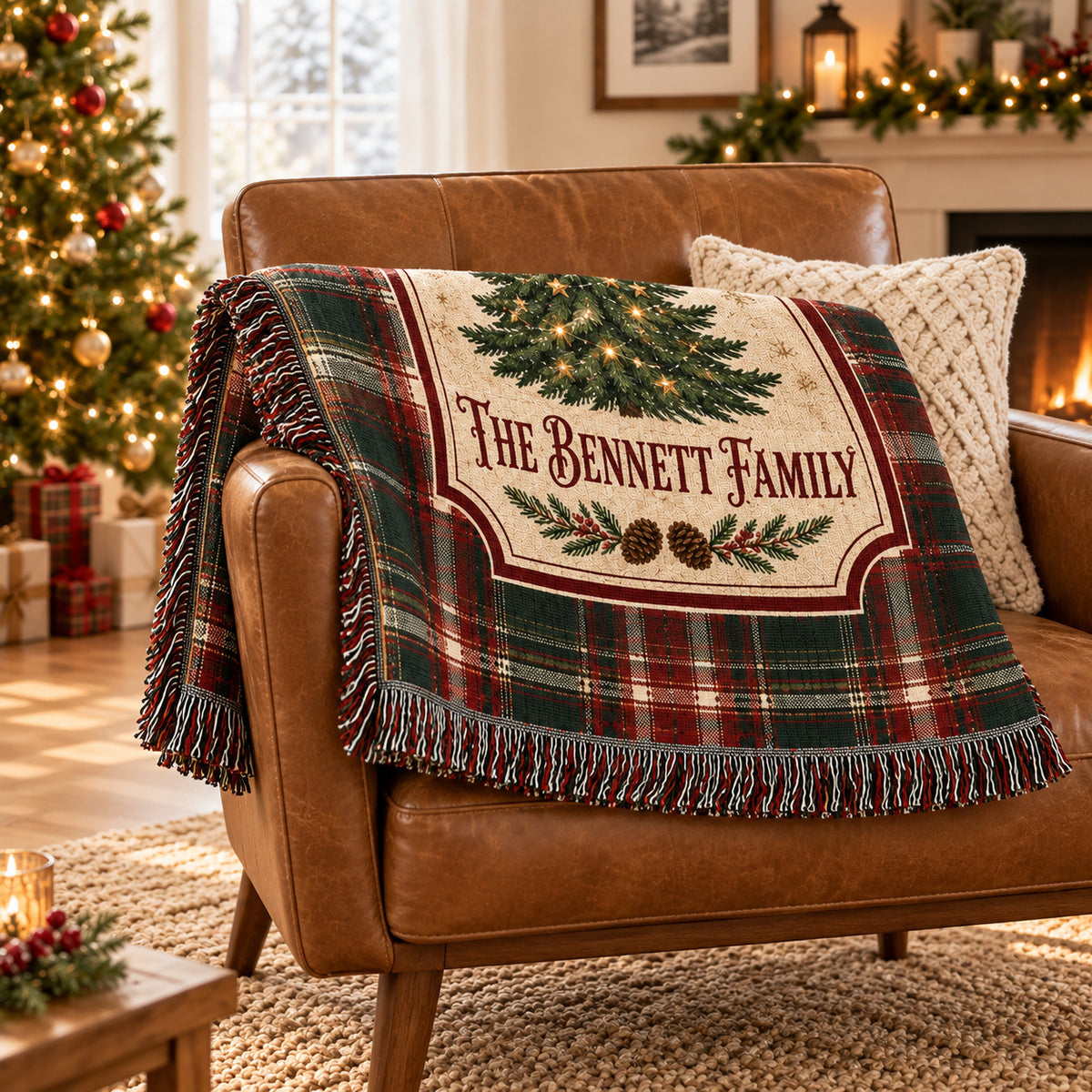 Personalized Christmas Woven Blanket, Custom Family Name Throw with Vintage Tree and Plaid Border