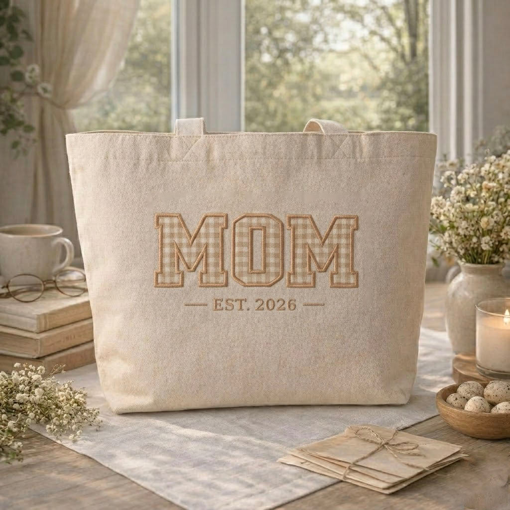Personalized Mom Est Mother's Day Embroidered Tote Bag - Vintage Striped Beach Tote