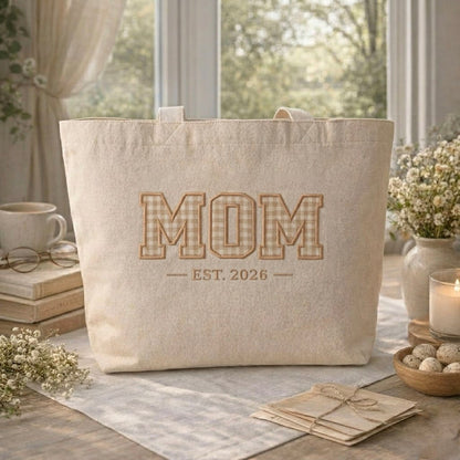 Personalized Mom Est Mother's Day Embroidered Tote Bag - Vintage Striped Beach Tote
