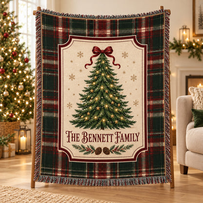 Personalized Christmas Woven Blanket, Custom Family Name Throw with Vintage Tree and Plaid Border