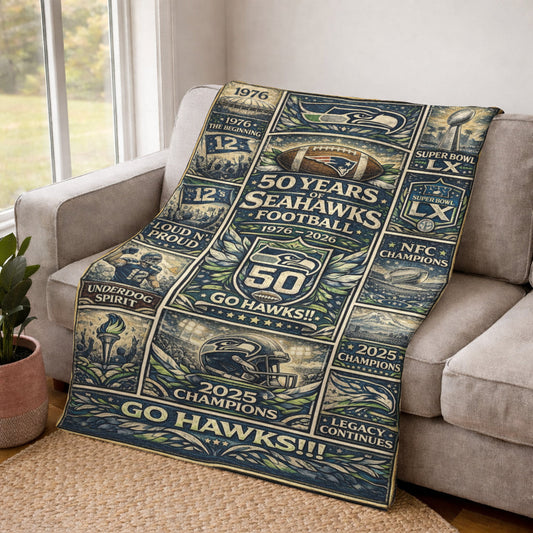 Seattle Seahawks 50 Years Anniversary Go Hawks Vintage Art Blanket