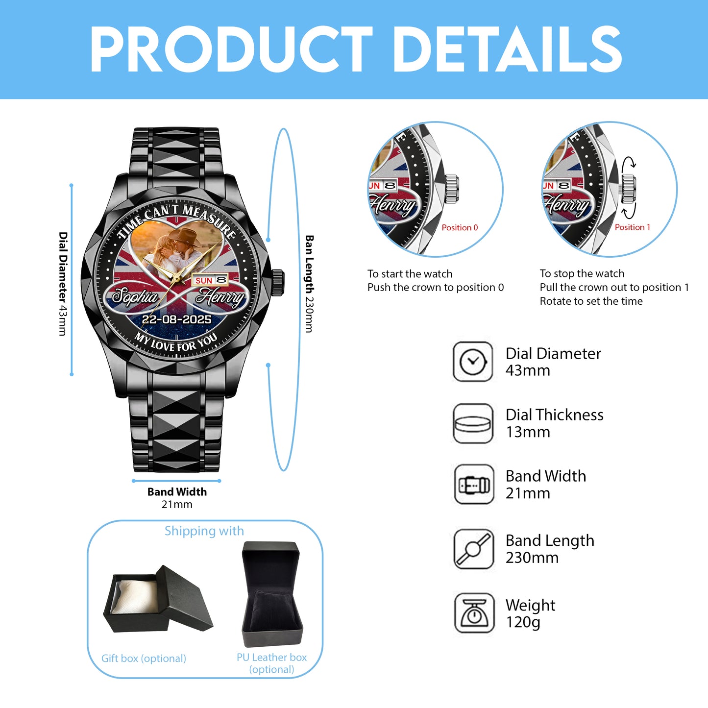 Personalized Family Photo Couple Photo Upload - Custom Stainless Steel Watches - Union Flag Edition