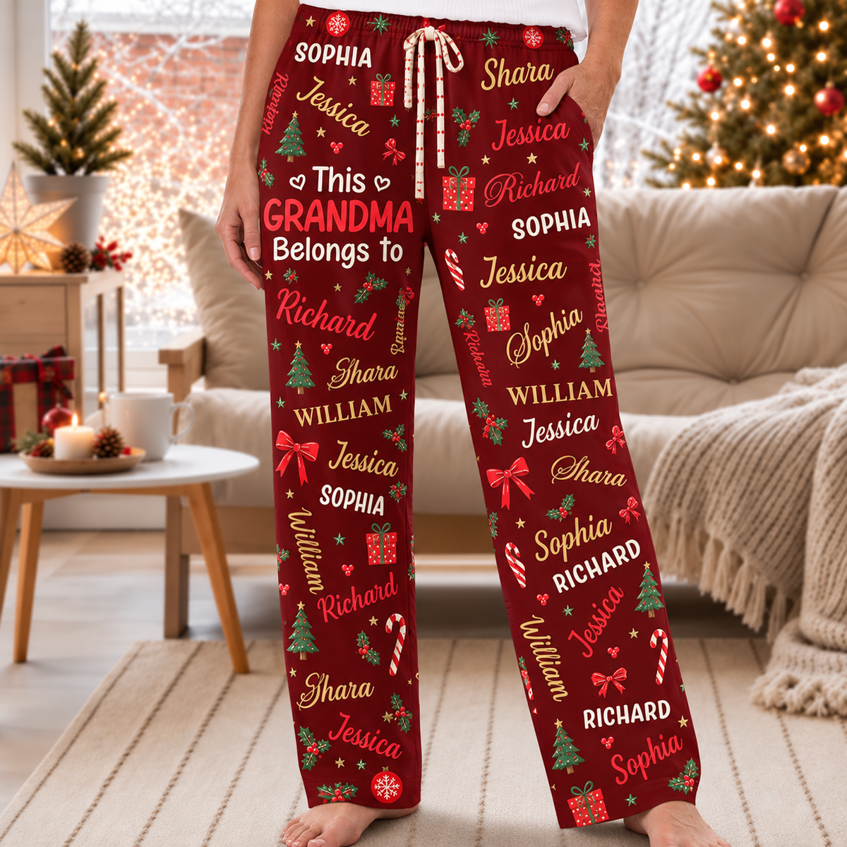 Personalized Grandma Christmas Pajama Set, Green Sweatshirt and Lounge Pants with Grandkids' Names