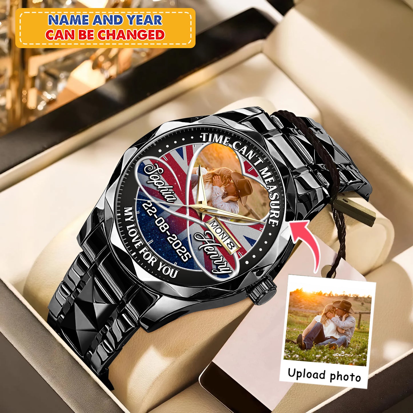 Personalized Family Photo Couple Photo Upload - Custom Stainless Steel Watches - Union Flag Edition