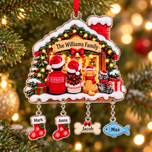 Personalized Family Christmas Ornament with Pets, Custom Name House Ornament, Dog and Cat Keepsake, Family Christmas Gift