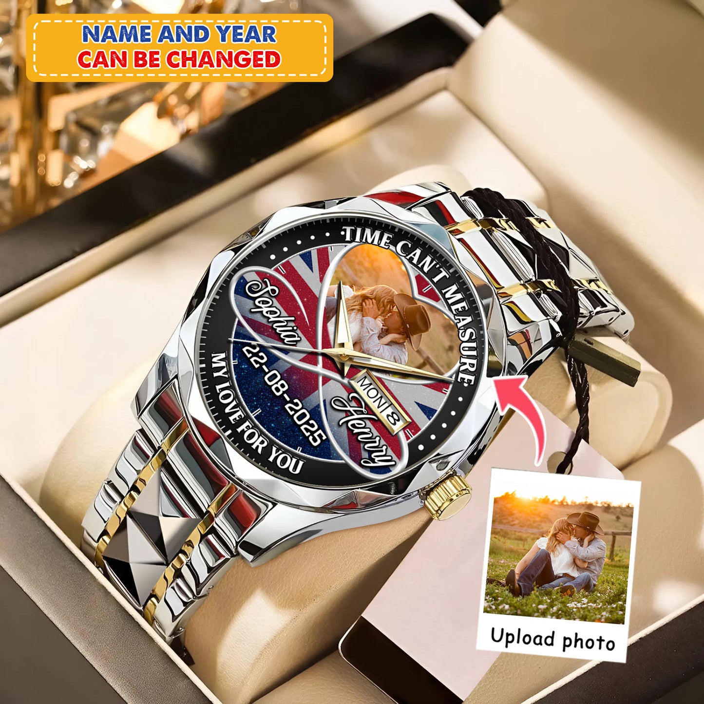 Personalized Family Photo Couple Photo Upload - Custom Stainless Steel Watches - Union Flag Edition