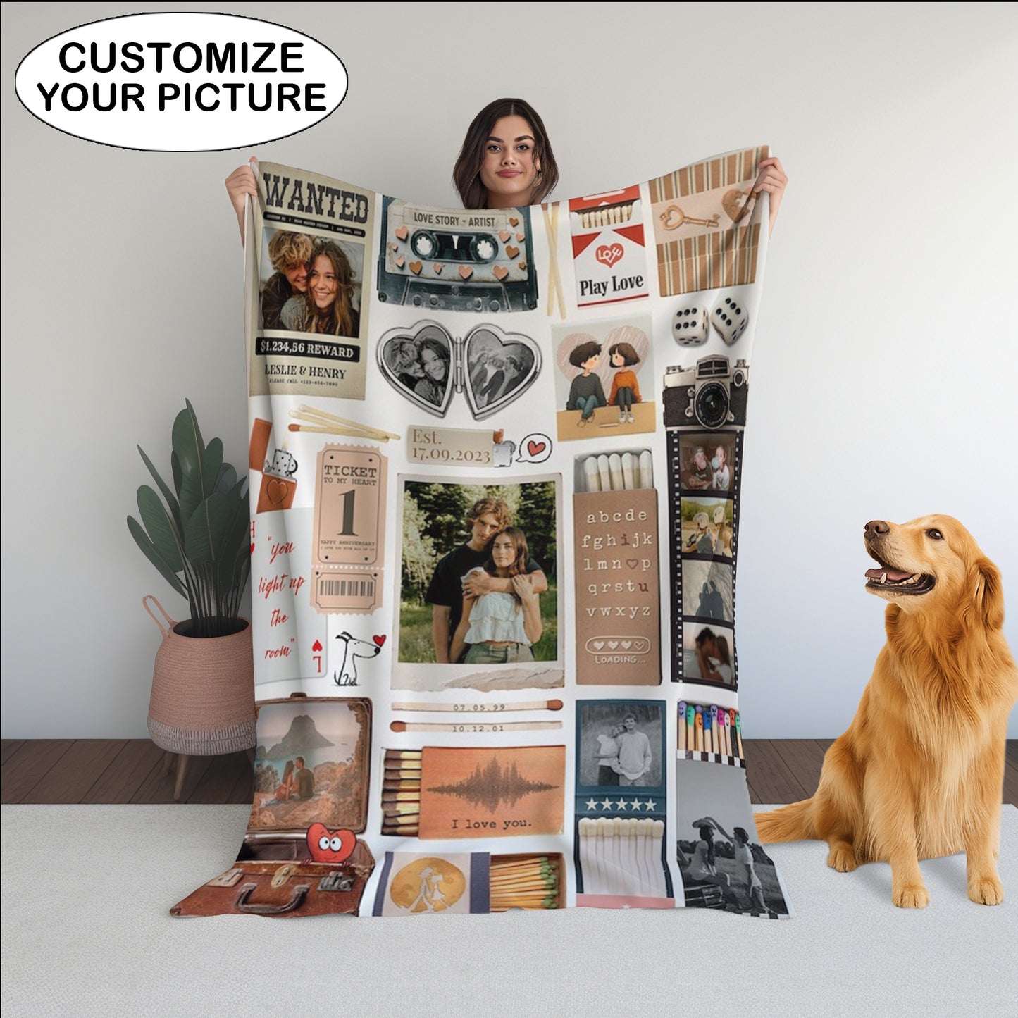 Couple Love Story Matchbook Collage Dopamine Decor - Personalized Blanket - Heartfelt Valentine, Anniversary Gift For Him, For Her