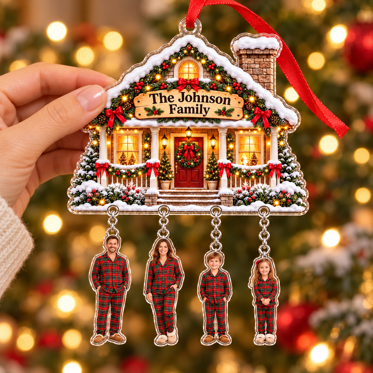 Personalized Family Photo Christmas Ornament, Custom Family Name House with Hanging Photo Charms, Holiday Keepsake Gift