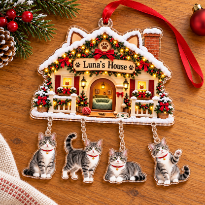 Personalized Cat Photo Christmas Ornament, Custom Cat House with Name and Hanging Photo Charms, Pet Keepsake Gift for Cat Lovers