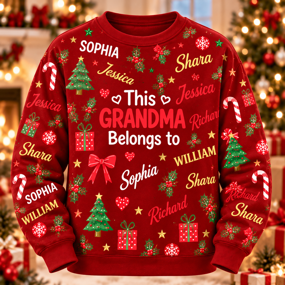 Personalized Grandma Christmas Pajama Set, Green Sweatshirt and Lounge Pants with Grandkids' Names