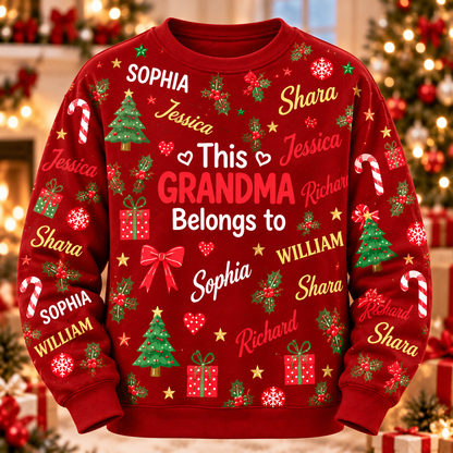 Personalized Grandma Christmas Pajama Set, Green Sweatshirt and Lounge Pants with Grandkids' Names