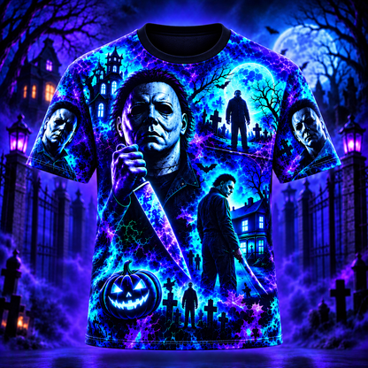 Halloween Neon Michael Myers AOP T-Shirt Sweatshirt Hoodie
