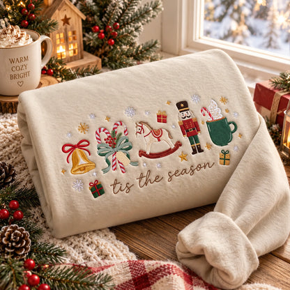 Tis the Season Embroidered Christmas Sweatshirt, Nutcracker and Rocking Horse Design, Navy Holiday Crewneck - DL07041026