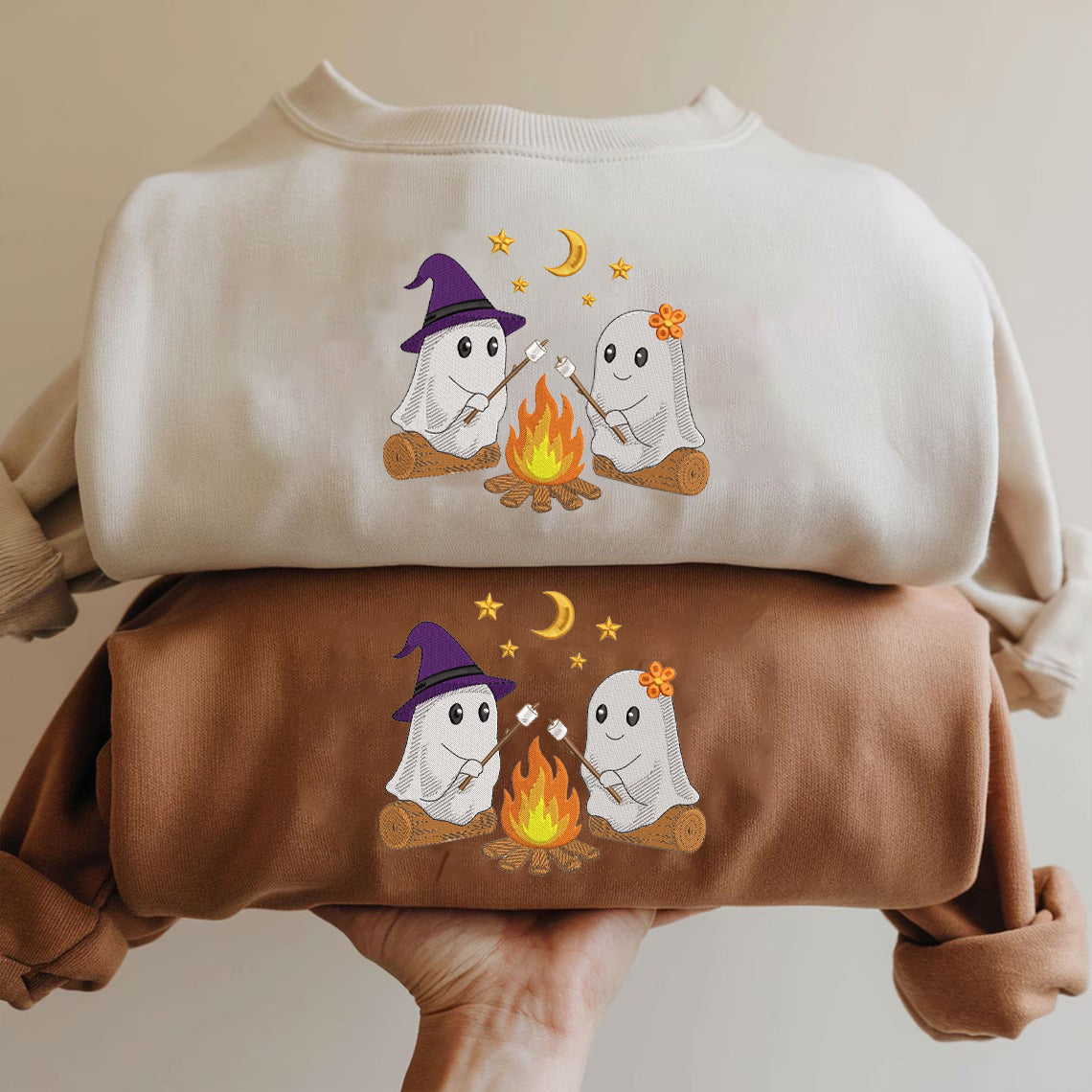 Halloween Personalized Embroidered Ghost Campfire Crew Cute Hoodie Sweatshirt T-Shirt