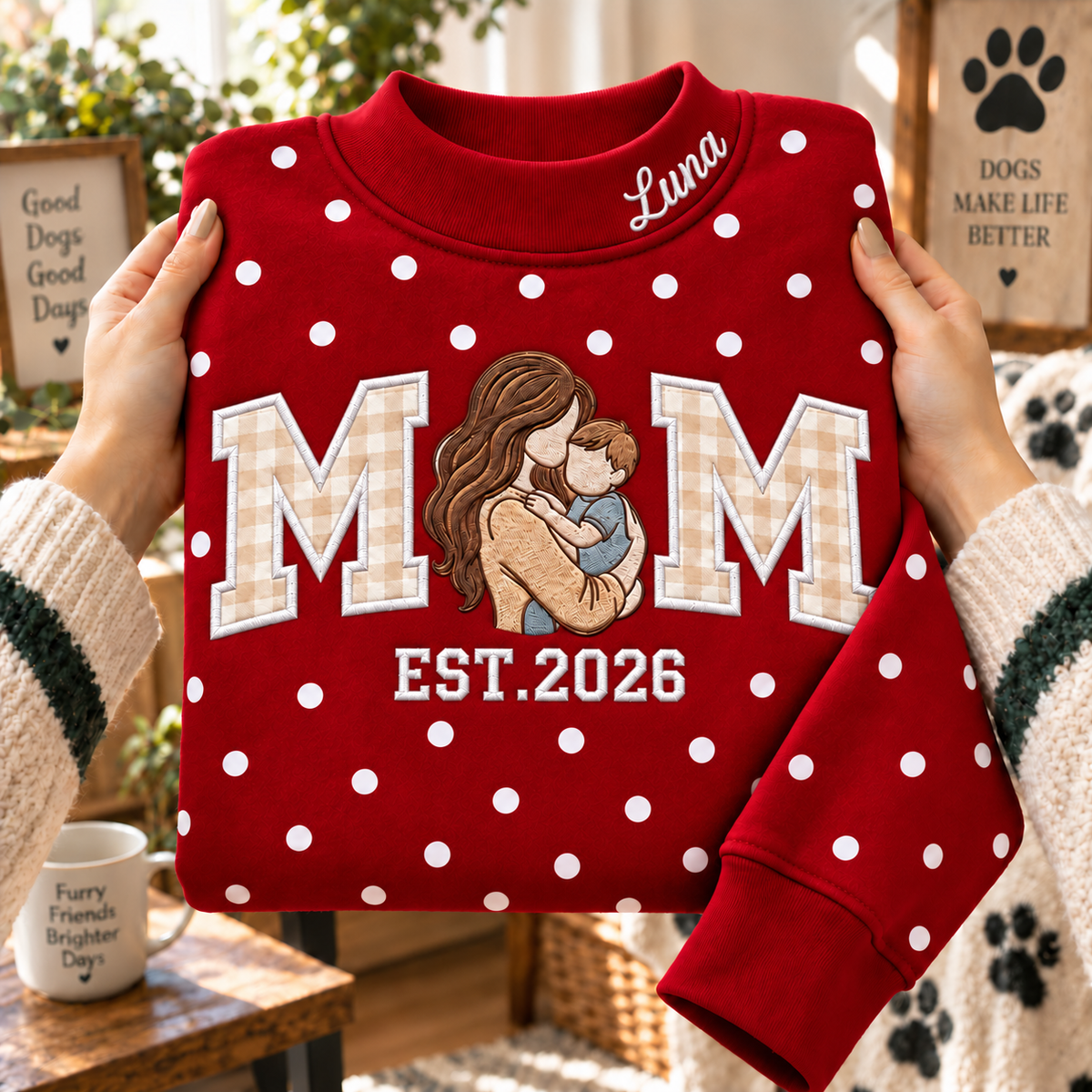 Personalized Custom Photo Mom Embroidered Polka Dot Sweatshirt