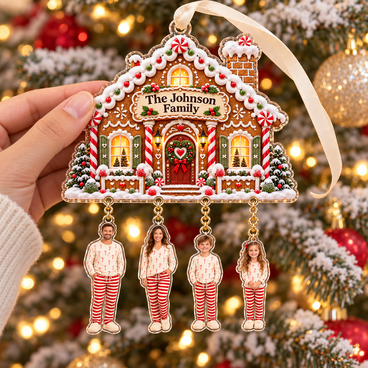 Personalized Family Photo Christmas Ornament, Custom Family Name House with Hanging Photo Charms